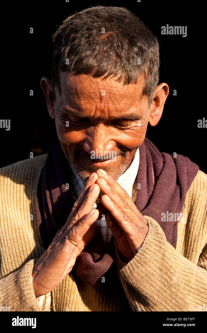 Kumoani man in Almora gesturing Namaste or Welcome Stock Photo