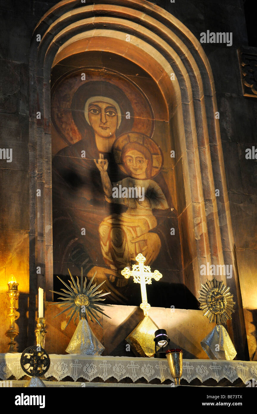 Altar in the Armenian Orthodox church of St. Hripsime with Virgin Mary and Jesus, UNESCO World Heritage Site, Echmiadzin, Armen Stock Photo