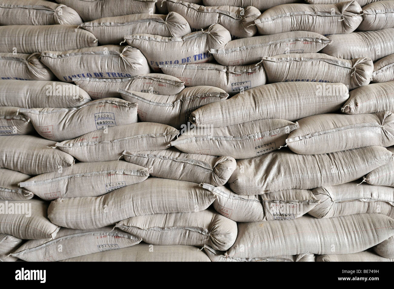 Grain sacks, piled in a warehouse, Uberlandia, Minas Gerais, Brazil, South America Stock Photo