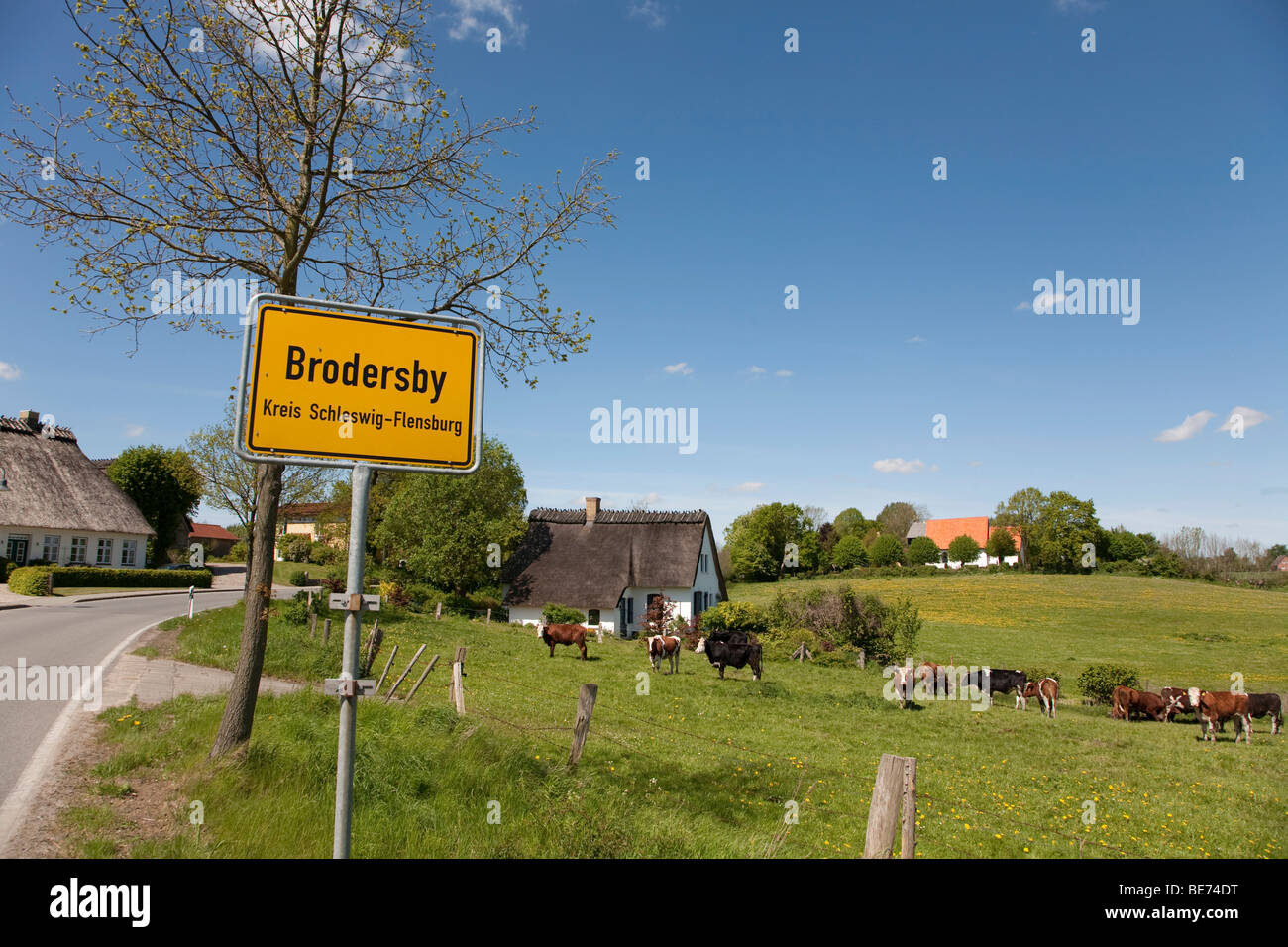 Place-name sign, Brodersby municipality, Angeln region, eastern down, Schleswig-Holstein, Germany, Europe Stock Photo