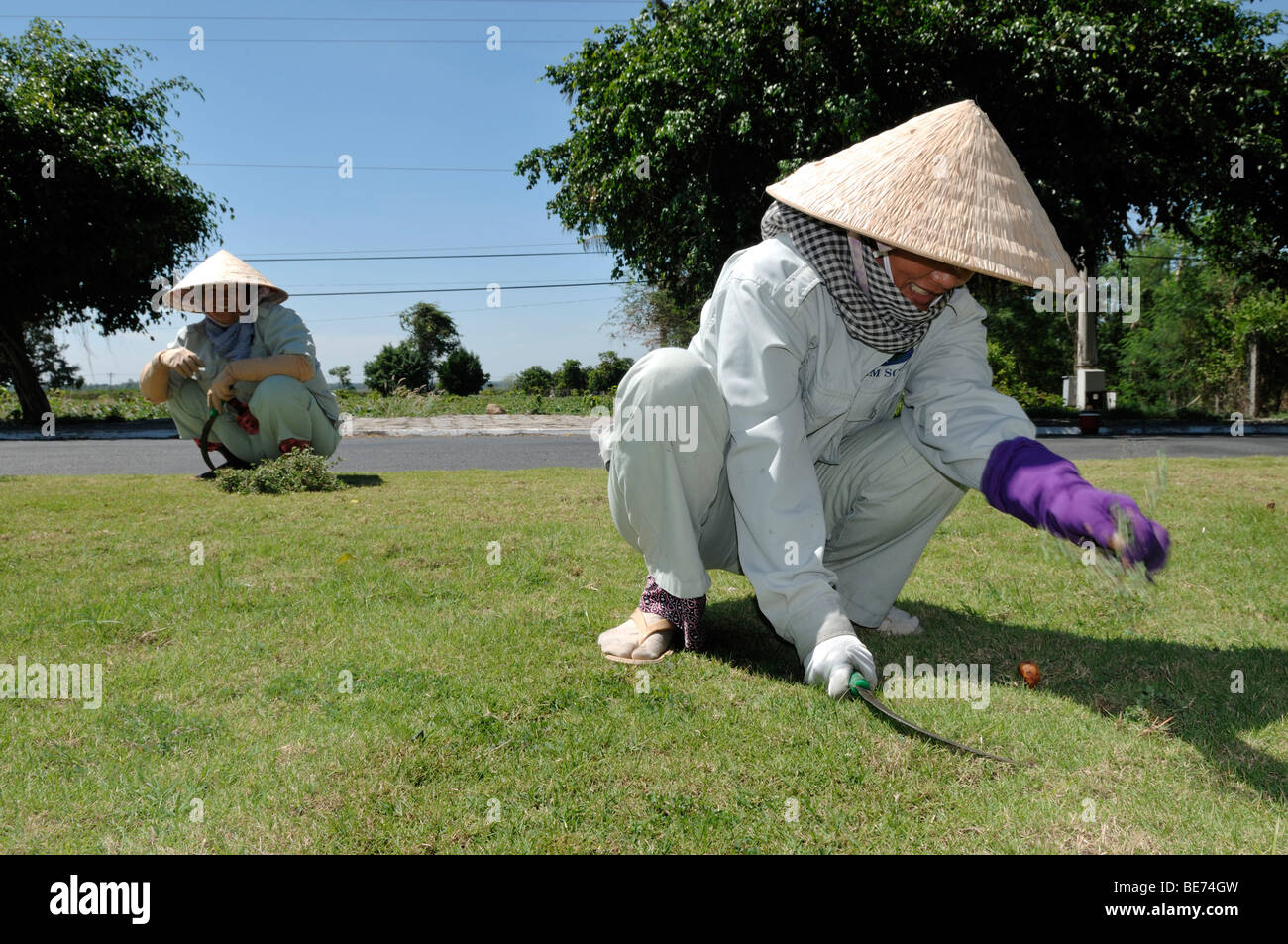 Vietnamese worker, mowing the lawn with a sickle, handicraft, Nui Ba Den, Tay Ninh, Vietnam, Asia Stock Photo