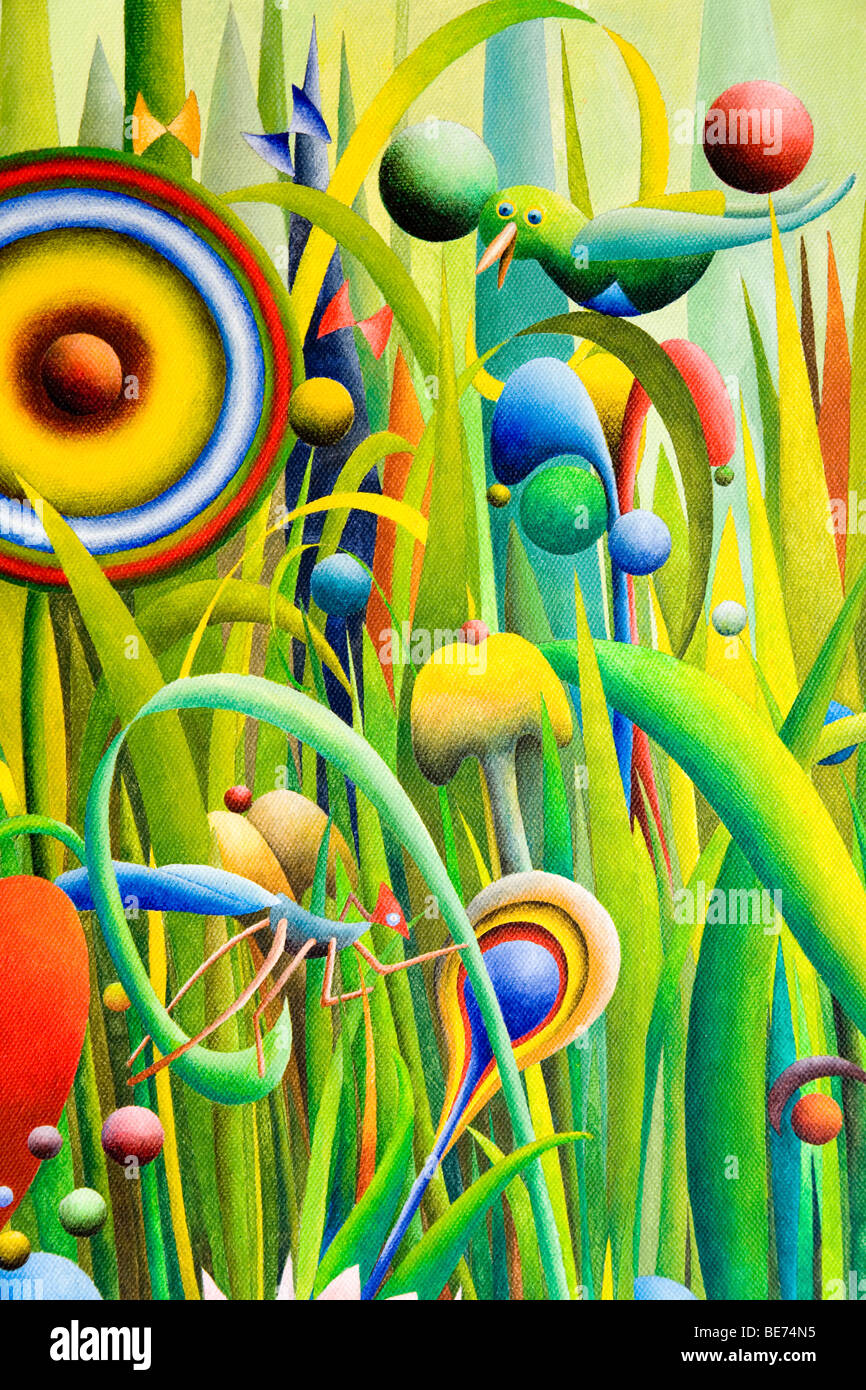 Fantasy garden with insects, acrylic picture, by the artist Gerhard Kraus, Kriftel, Germany Stock Photo