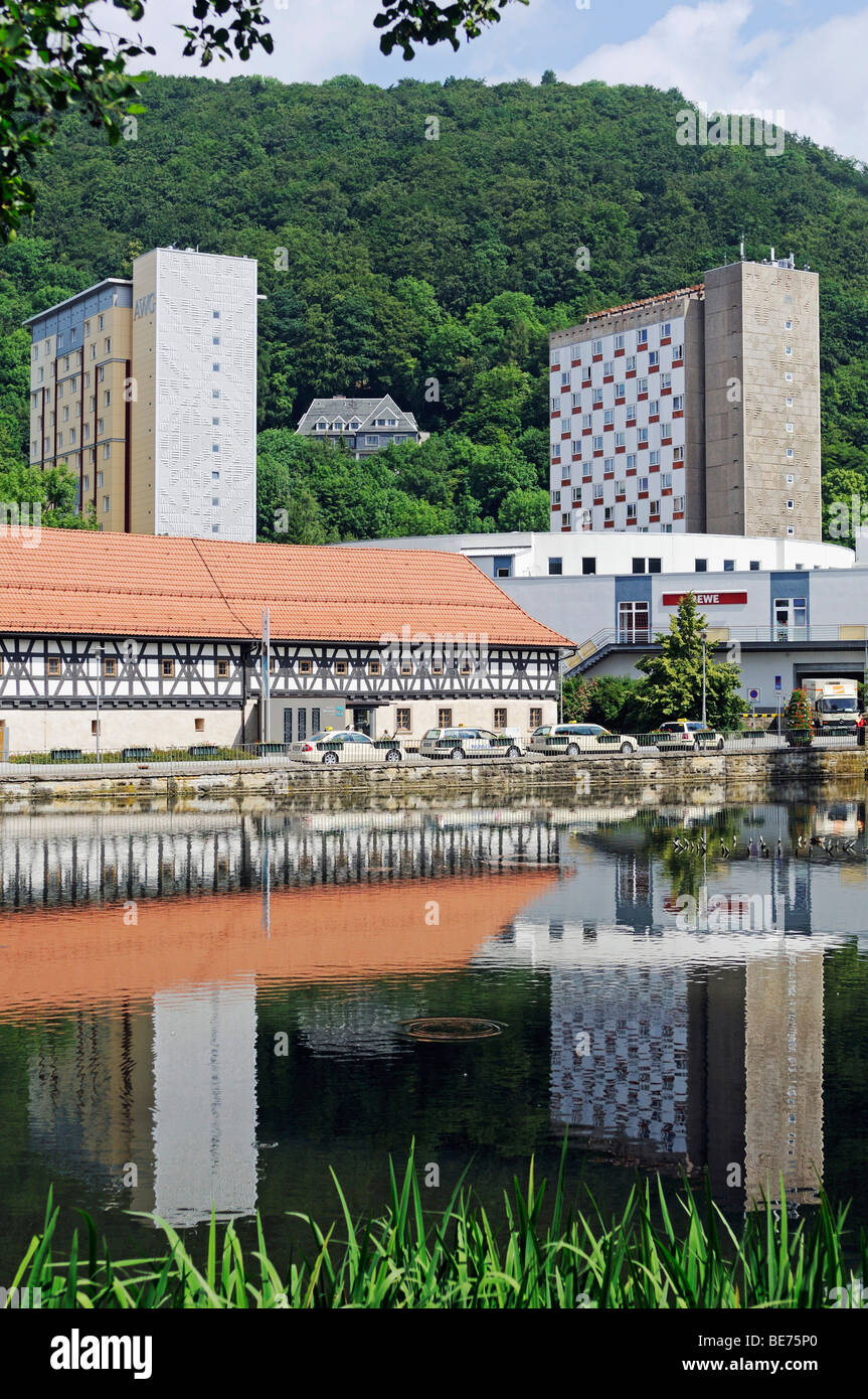 Weapons museum and prefabricated concrete buildings of the GDR, in the back Domberg mountain, Suhl, Thuringia, Germany, Europe Stock Photo