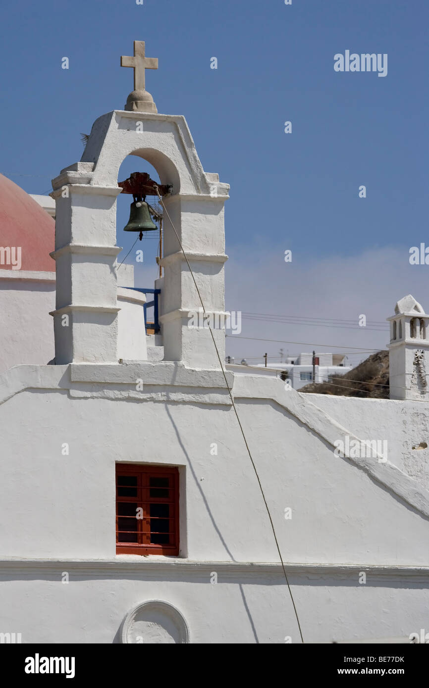 Mykonos Greece Church Bell Cross Roof White Wash Stock Photo