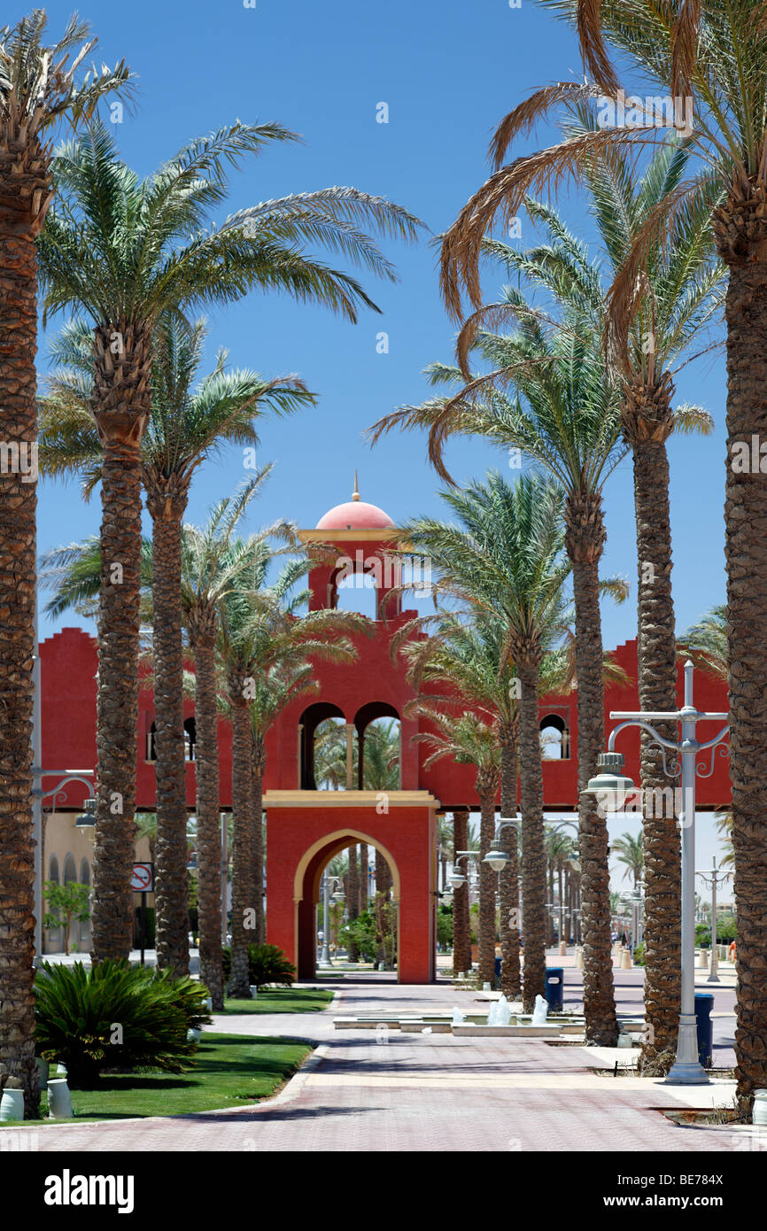 Elegant promenade for shopping and strolling, pedestrian bridge, date palms, Yussuf Afifi road, Hurghada, Egypt, Red Sea, Africa Stock Photo