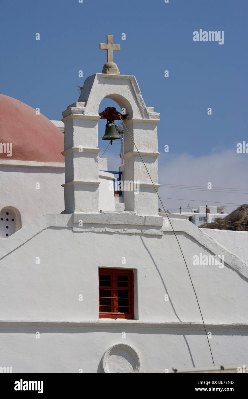 Mykonos Greece Church Bell Cross Roof White Wash Stock Photo