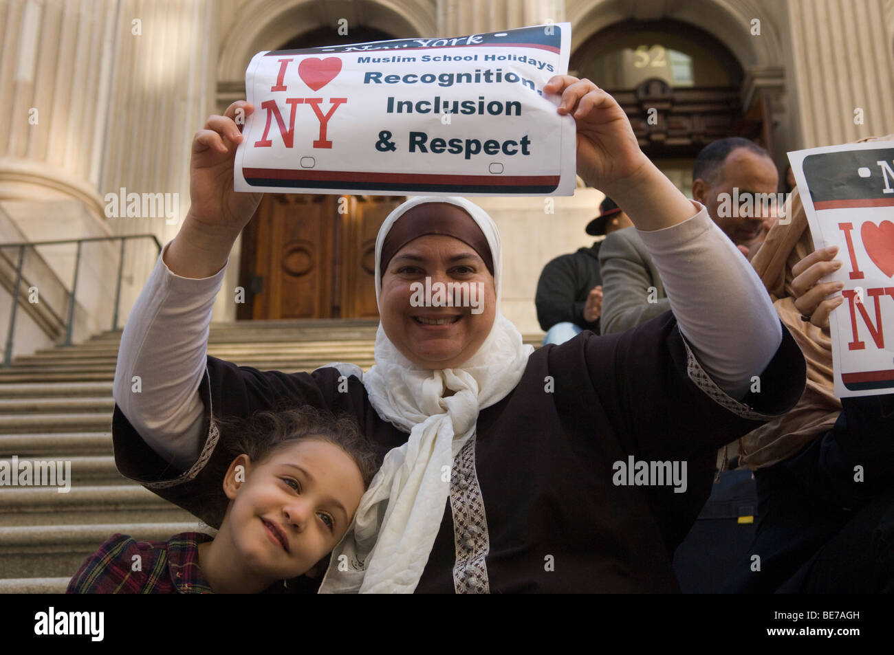 Muslims and their supporters rally on the steps of the NYC Department of Education for Muslim School Holidays Stock Photo