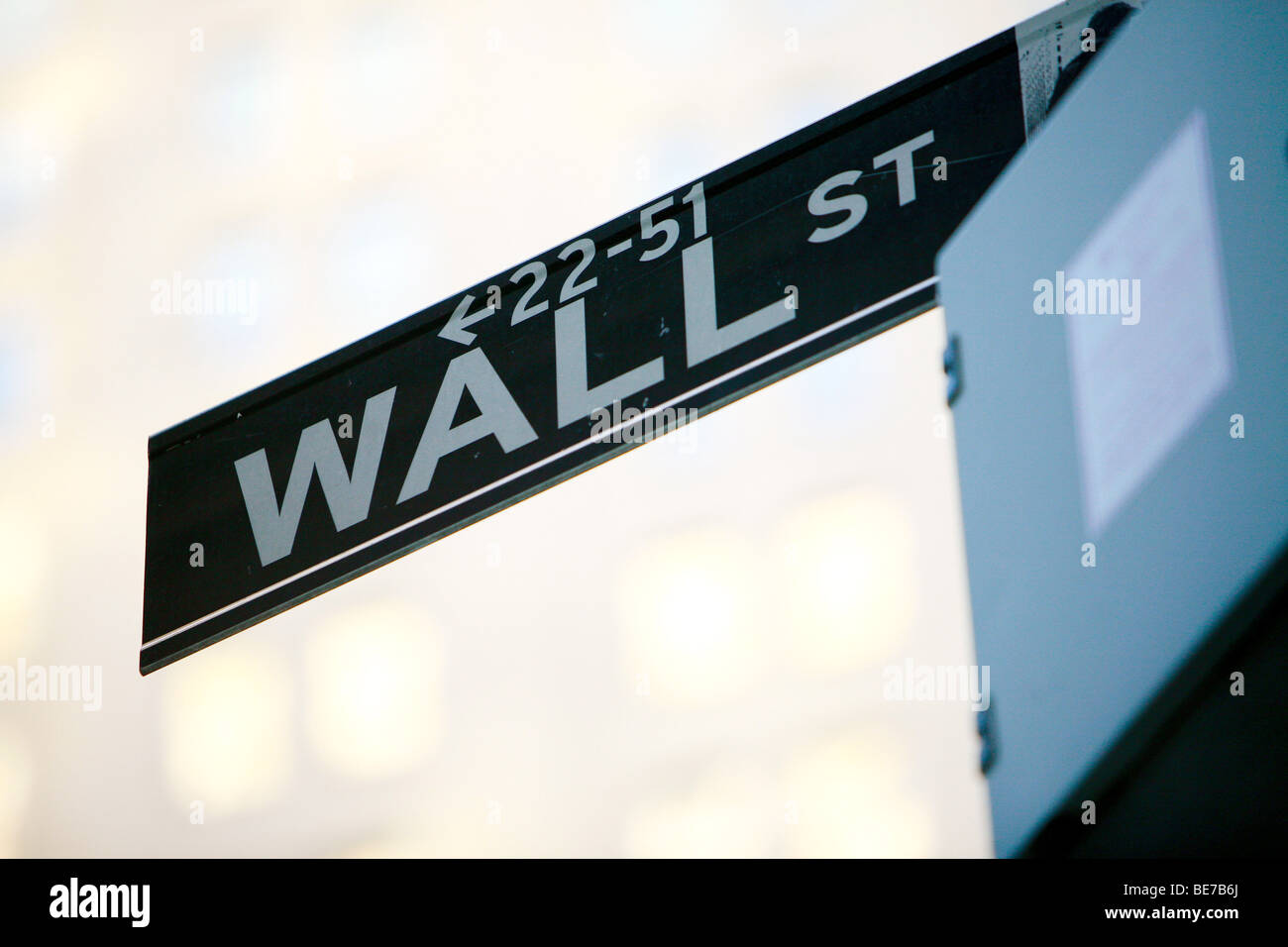 Wall street sign in the financial district area of downtown Manhattan in New York city, united states. Stock Photo