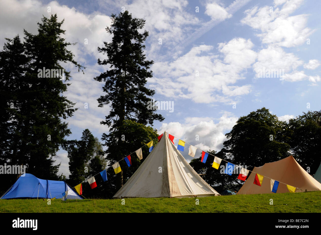 Three tents amongst trees Camping in the Lake District on a staycation, Cumbria. United