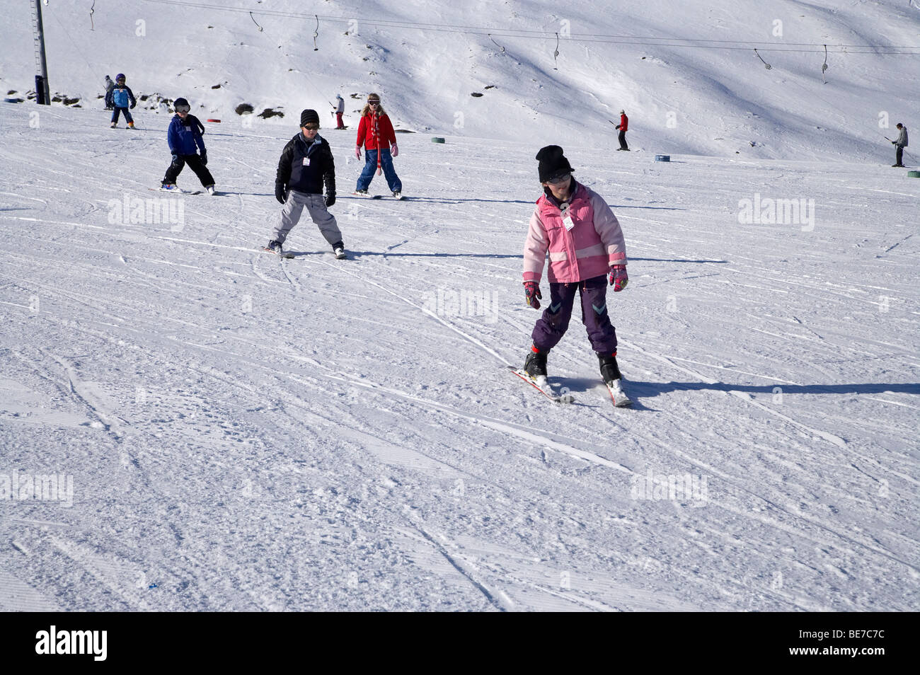 Children Learning to Ski, Roundhill Ski Area, near Lake Tekapo, Mackenzie Country, Canterbury, South Island, New Zealand Stock Photo