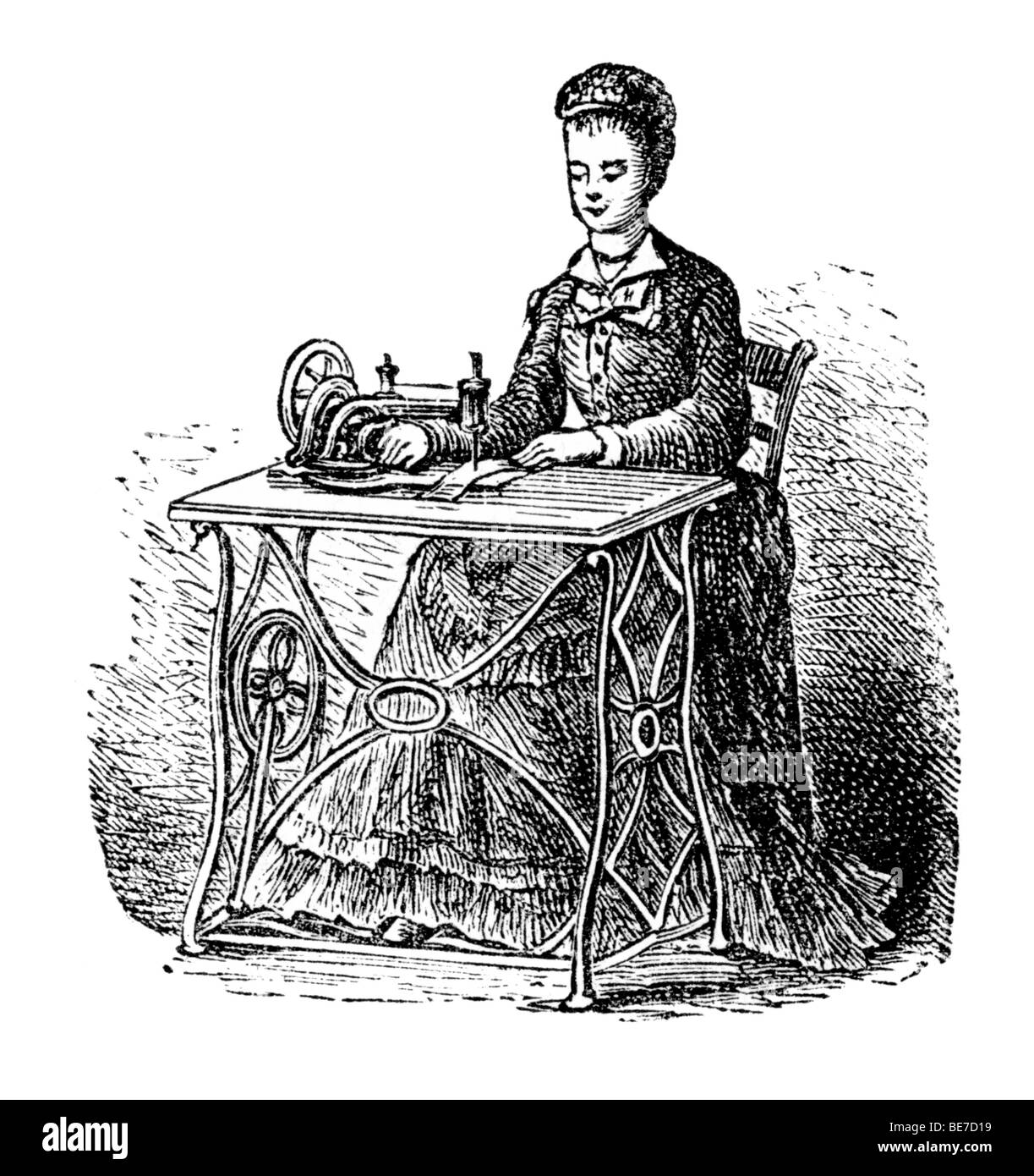 Sewing machine, historical illustration from: Marie Adenfeller, Friedrich Werner: Illustriertes Koch- und Haushaltungsbuch, Ill Stock Photo