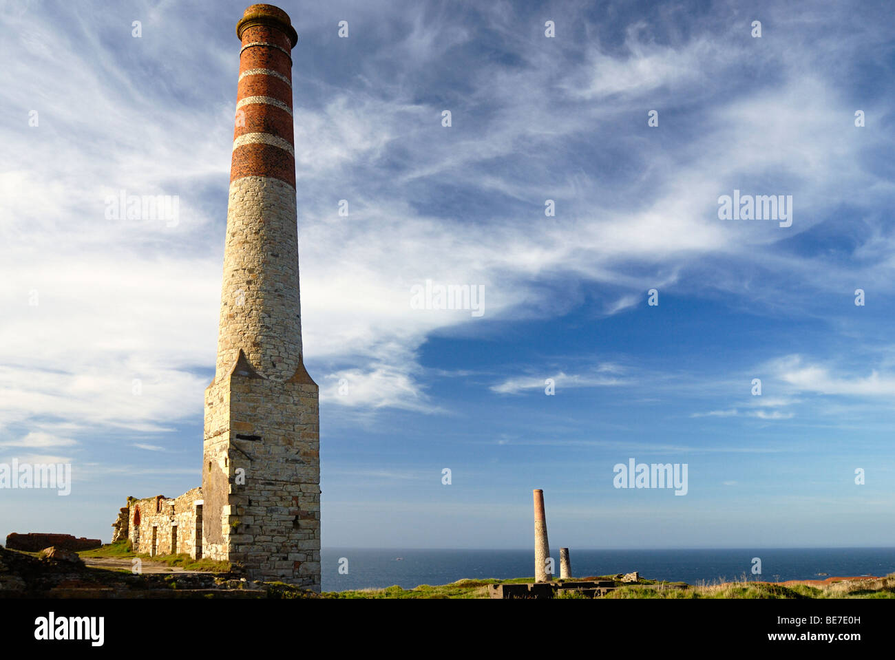 Three chimneys of old Cornish tin mine ruins Stock Photo