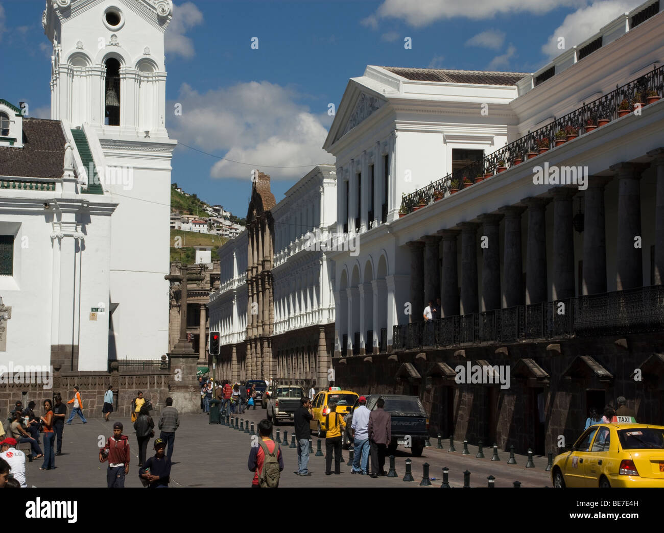 Ecuador. Quito. Historical Center. Square of Independence or Grande and the Church of El Sagrario,Presidential Palace and the Me Stock Photo