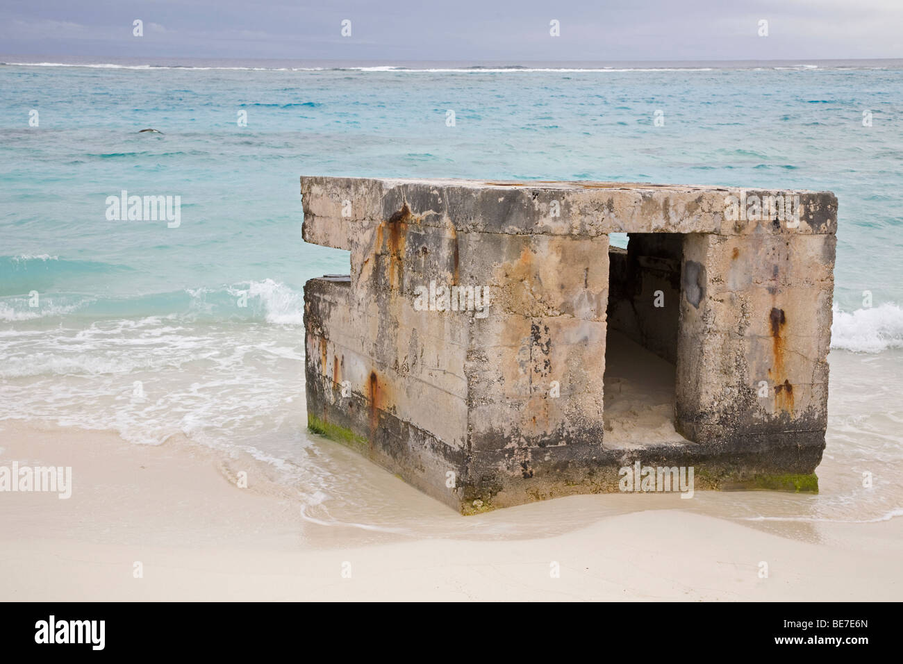 Pillbox used as a military lookout during World War II on the beach of Midway Atoll, part of the Battle of Midway National Memorial Stock Photo