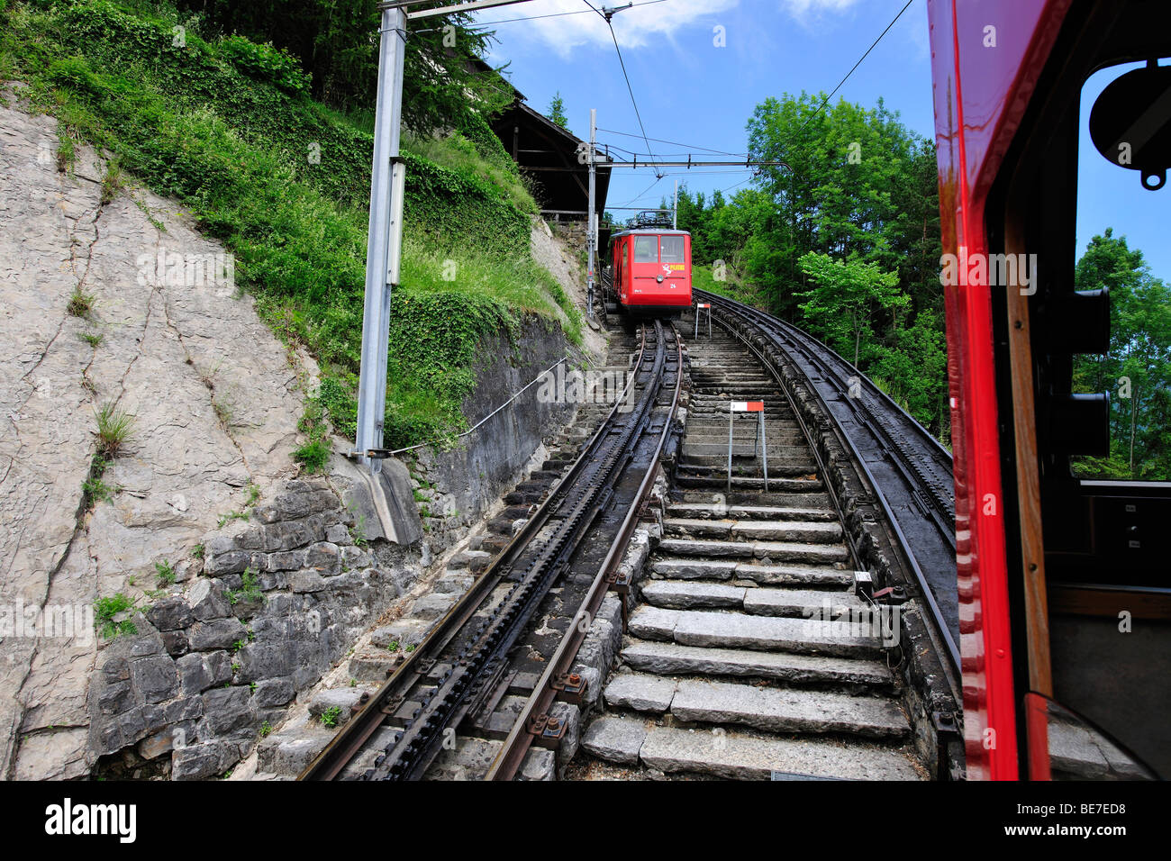 Cog railway to Mount Pilatus, popular tourist's destination in the Alpnachstad region near Lucerne, Switzerland, Europe Stock Photo