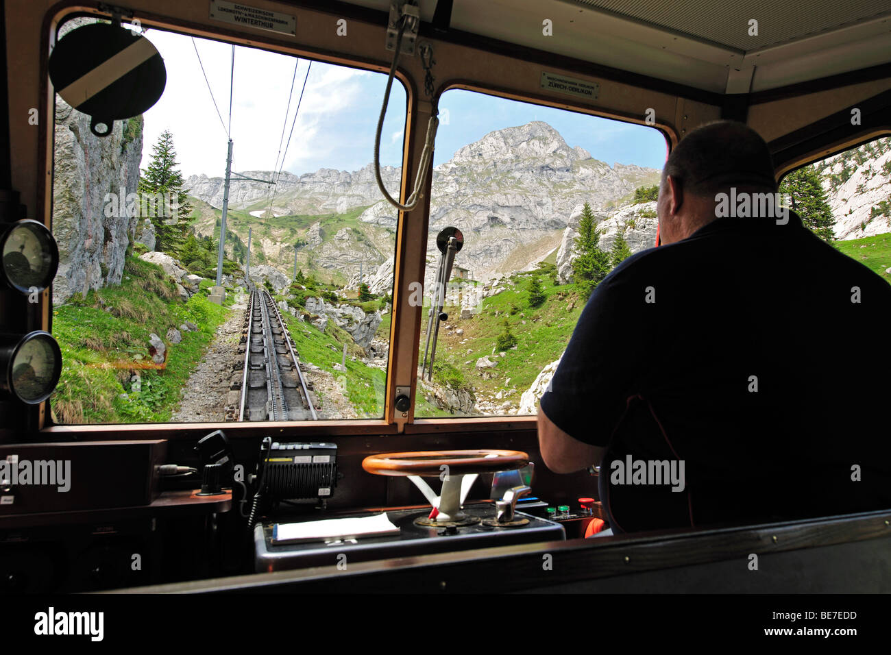 In the cab of the cog railway, with 48 percent incline the steepest cog railway in the world, Mount Pilatus, popular tourist's  Stock Photo