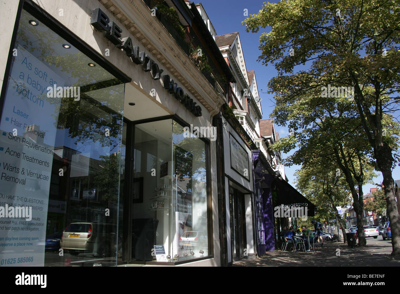 Town of Alderley Edge, England. Shops and cafes in Alderley Edge’s town centre on a sunny Sunday