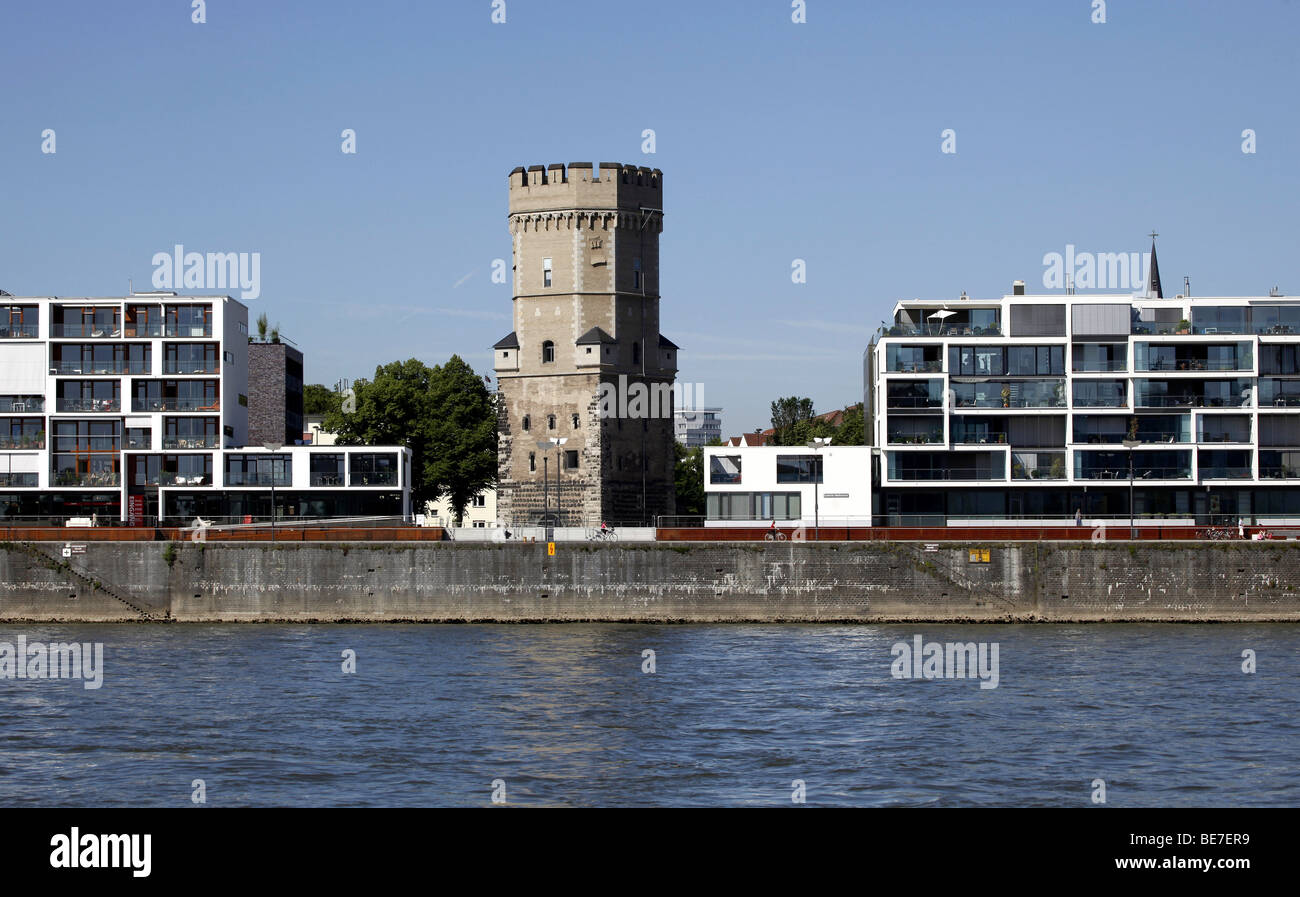 Residential buildings, galleries and historic Bayenturm tower at the Rheinauhafen harbour, Cologne, Rhineland, North Rhine-West Stock Photo