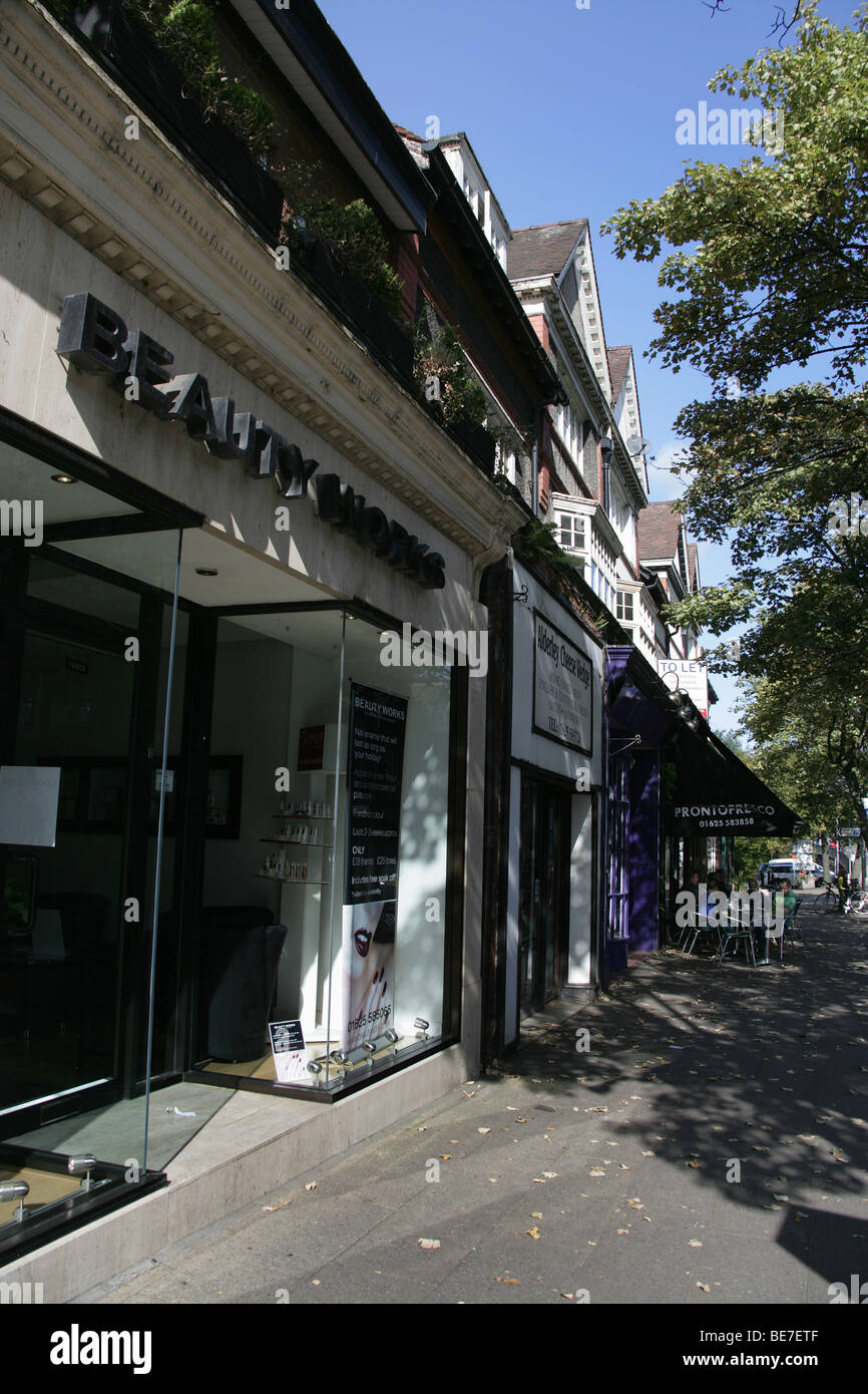 Town of Alderley Edge, England. Shops and cafes in Alderley Edge’s town centre on a sunny Sunday
