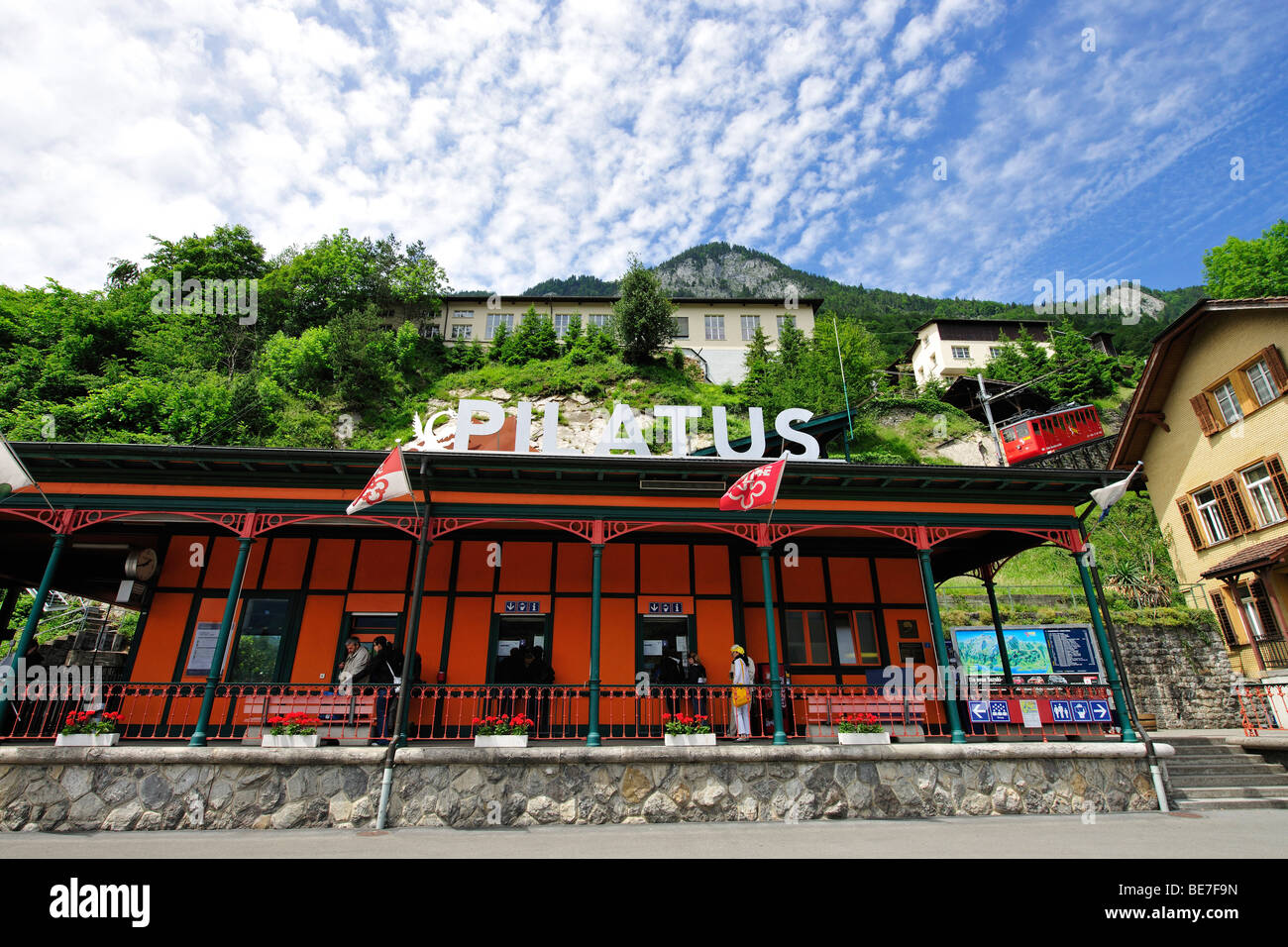 Valley station of the cog railway to Mount Pilatus in the Alpnachstad region near Lucerne, Switzerland, Europe Stock Photo