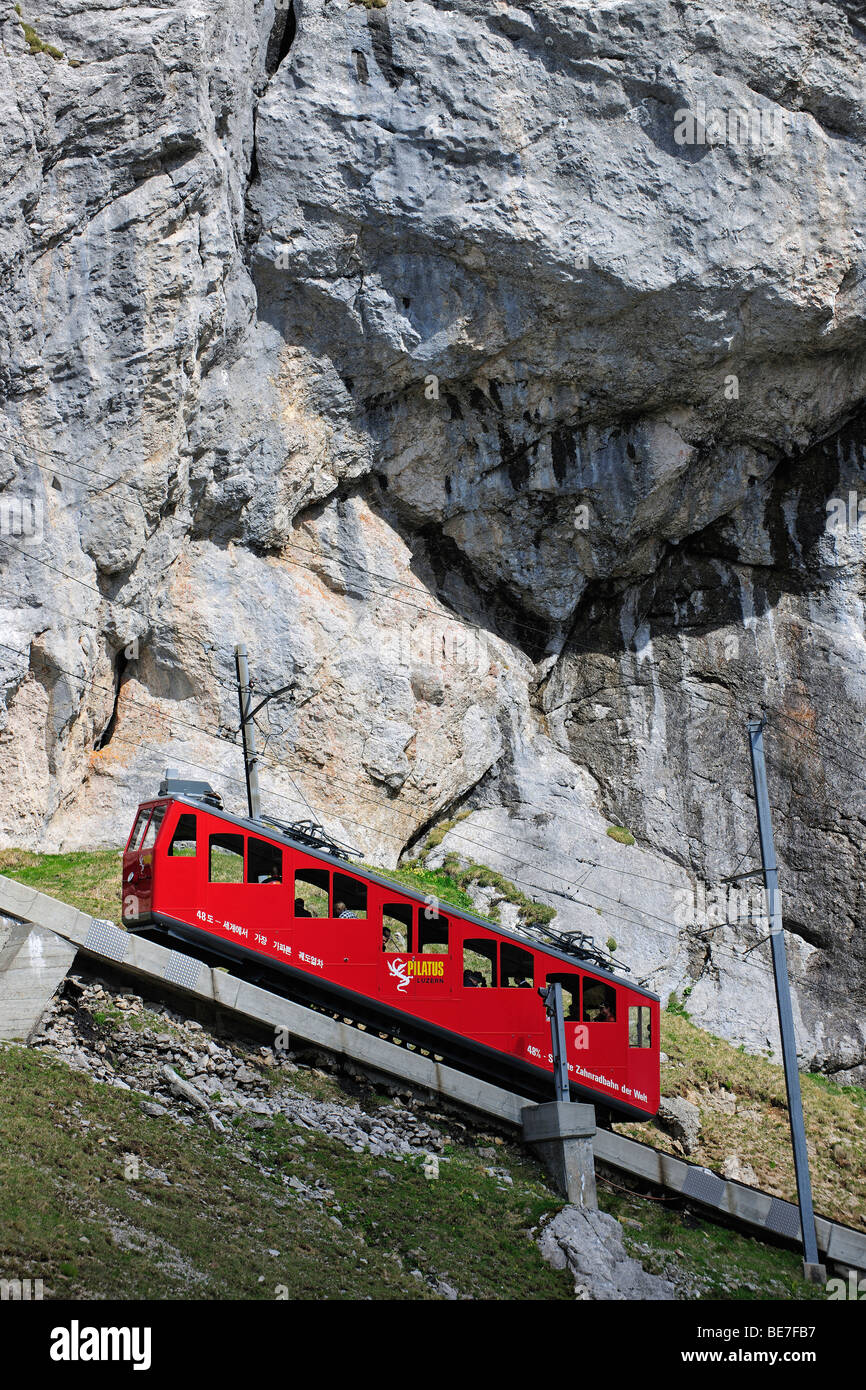 With 48 percent incline the steepest cog railway in the world, railway on Mount Pilatus near Lucerne, Switzerland, Europe Stock Photo