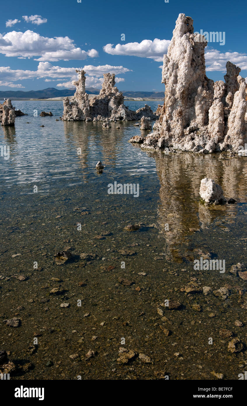 Afternoon clouds float pass the tufa towers of California's Mono Lake. Stock Photo