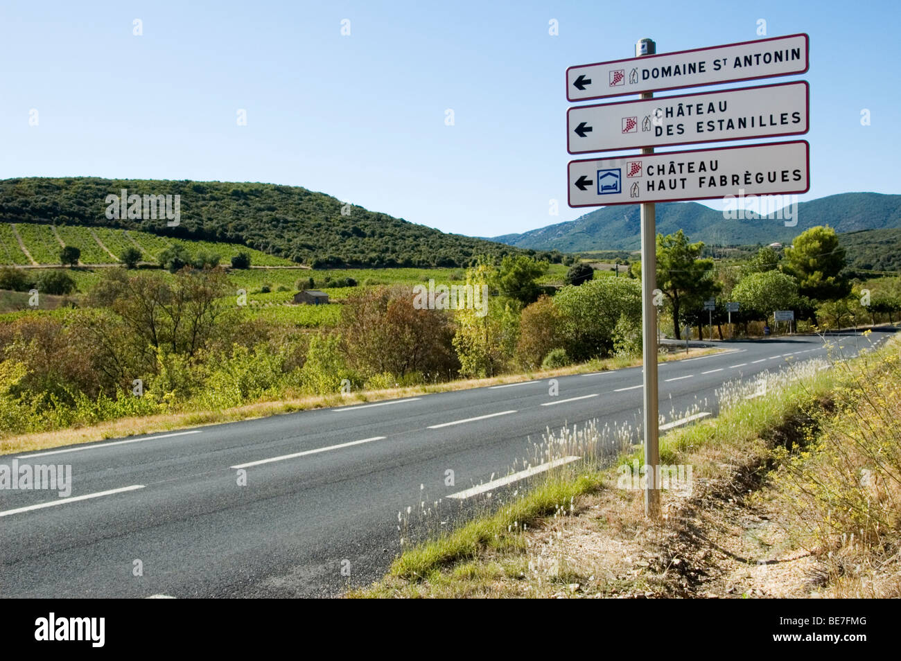 Sign to wine producers in the Faugeres region of Languedoc Roussillon in southern France Stock Photo