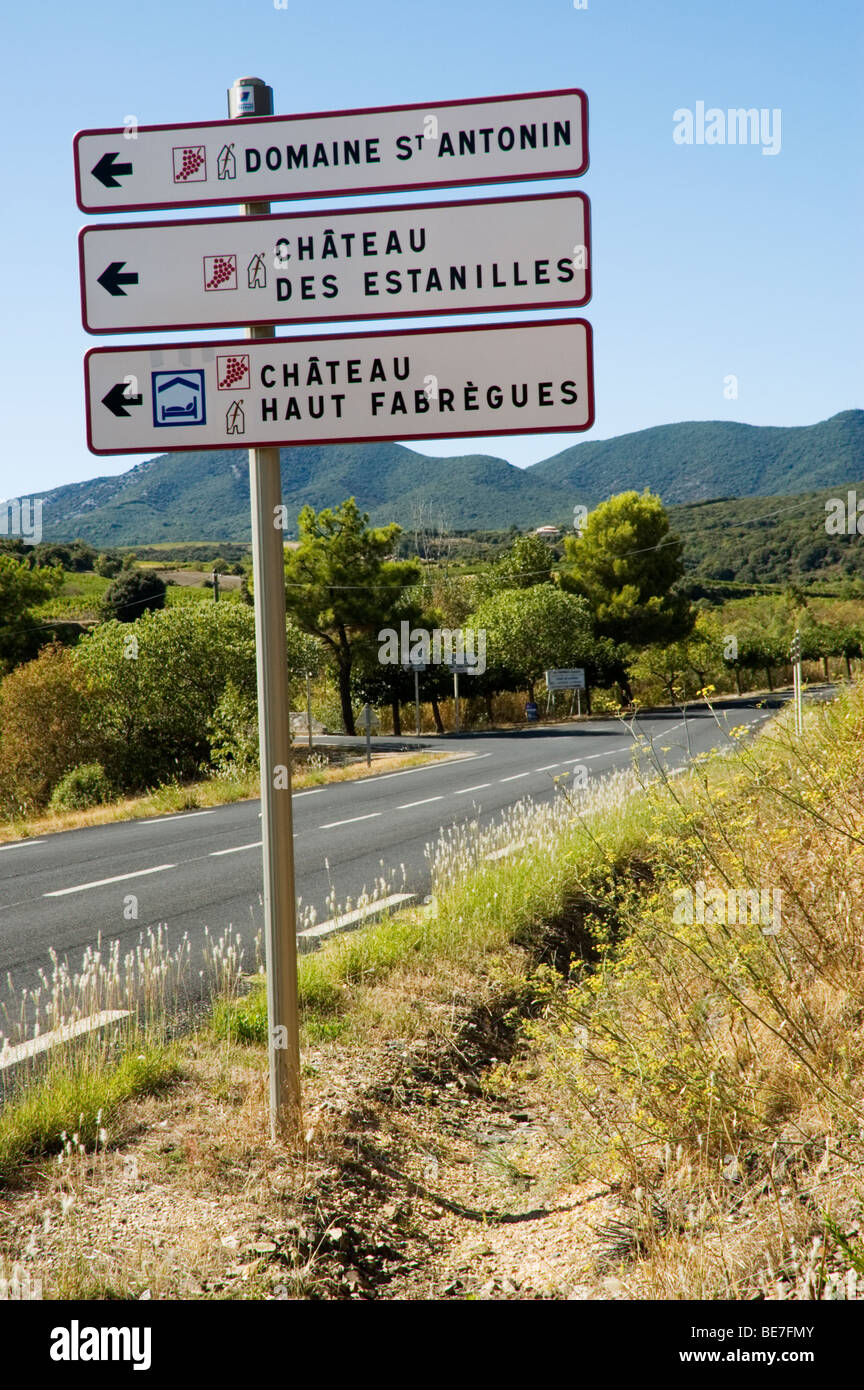 Sign to wine producers in the Faugeres region of Languedoc Roussillon in southern France Stock Photo