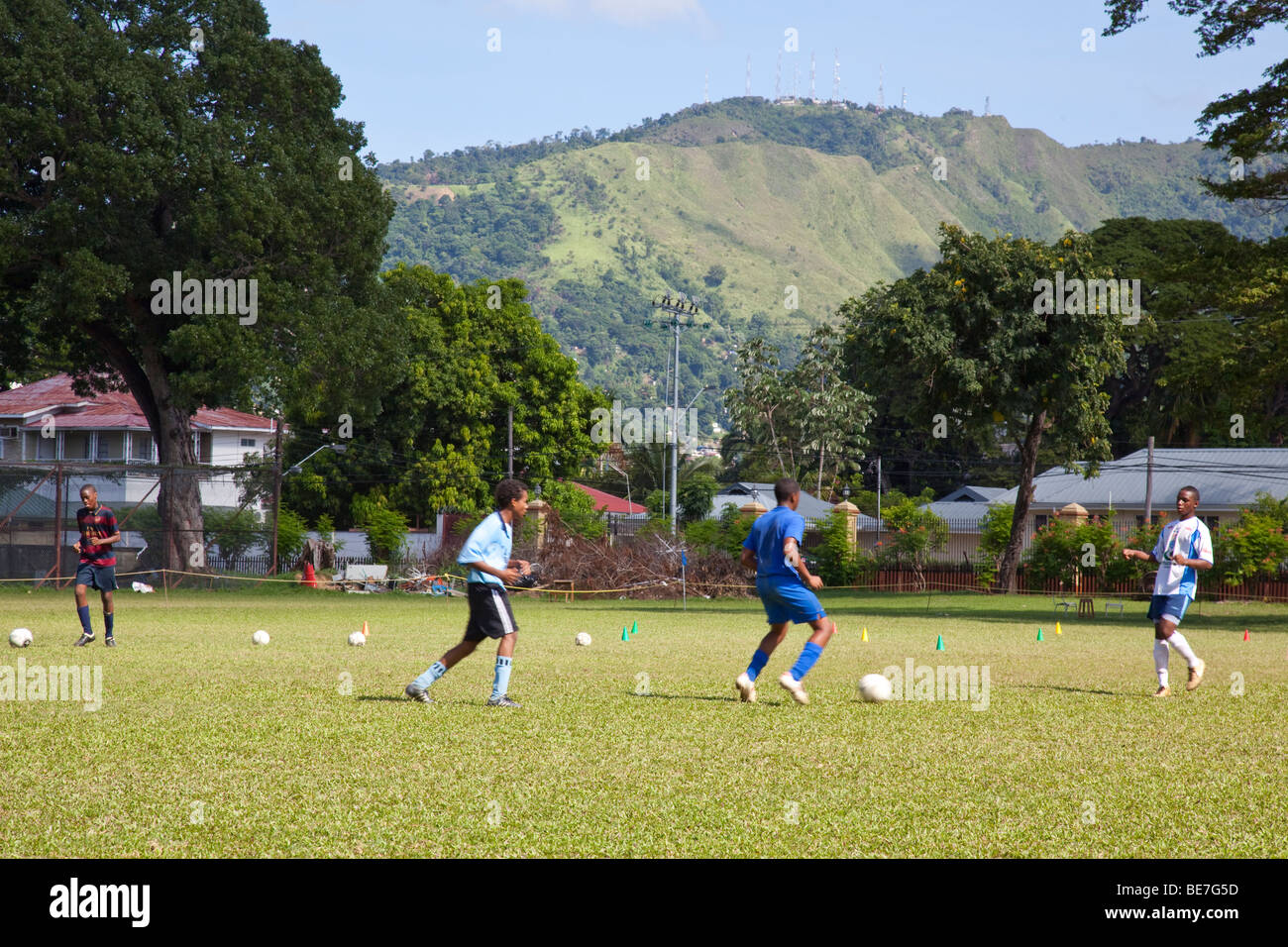 Football Practice in Queens Park Savannah in Port of Spain Trinidad Stock Photo