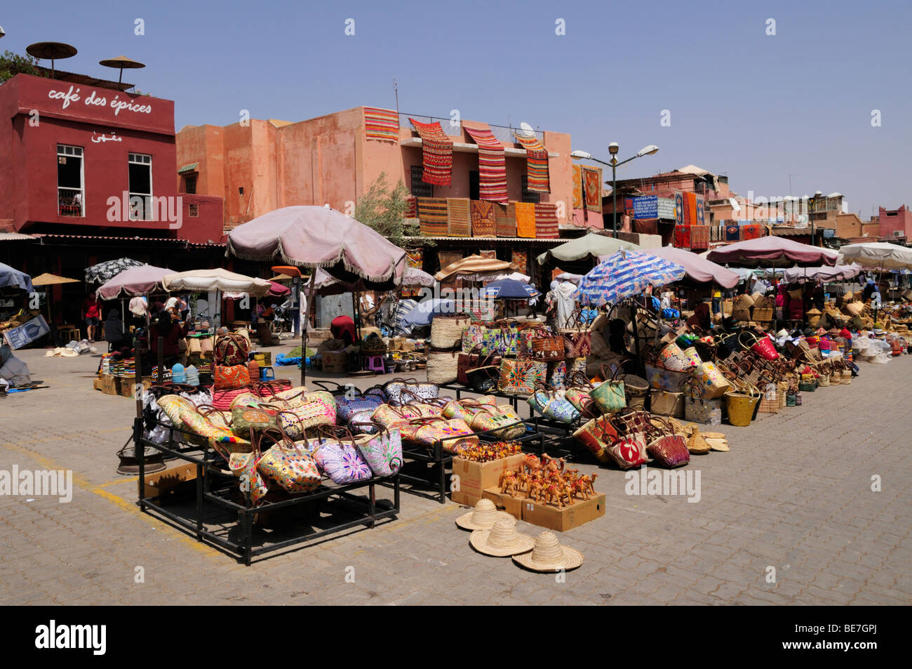 Morocco; Marrakech; Market stalls and the Cafe des Epices at Place Rahba Kedima in the medina Stock Photo