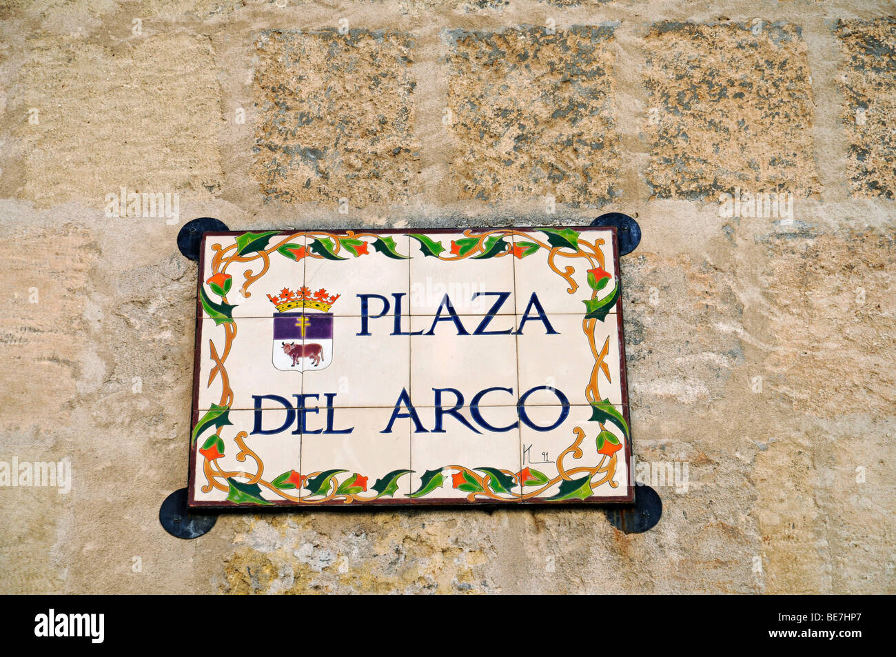 Street sign, Spanish tiles, azulejos, Plaza del Arco, Caravaca de la Cruz, sacred city, Murcia, Spain, Europe Stock Photo