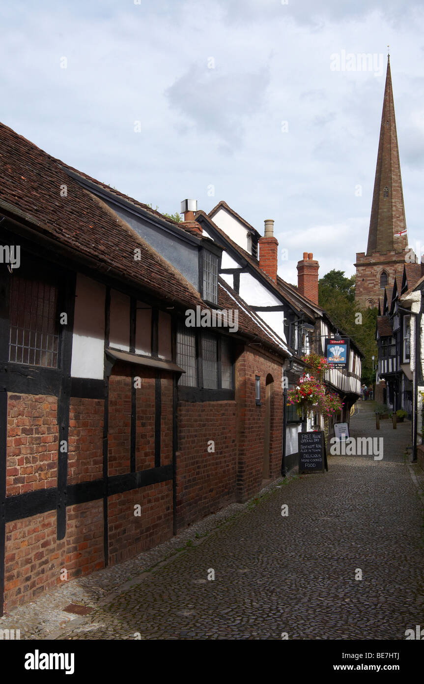 Ancient half timbered buildings in Church Street, Ledbury, and in historic market town in Herefordshire, England Stock Photo