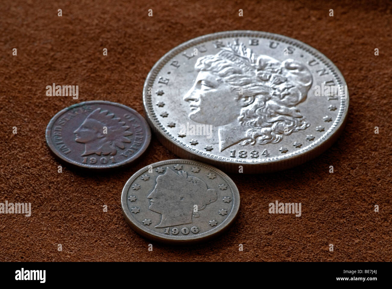 Old United States coins photographed on leather, Colorado US Stock Photo