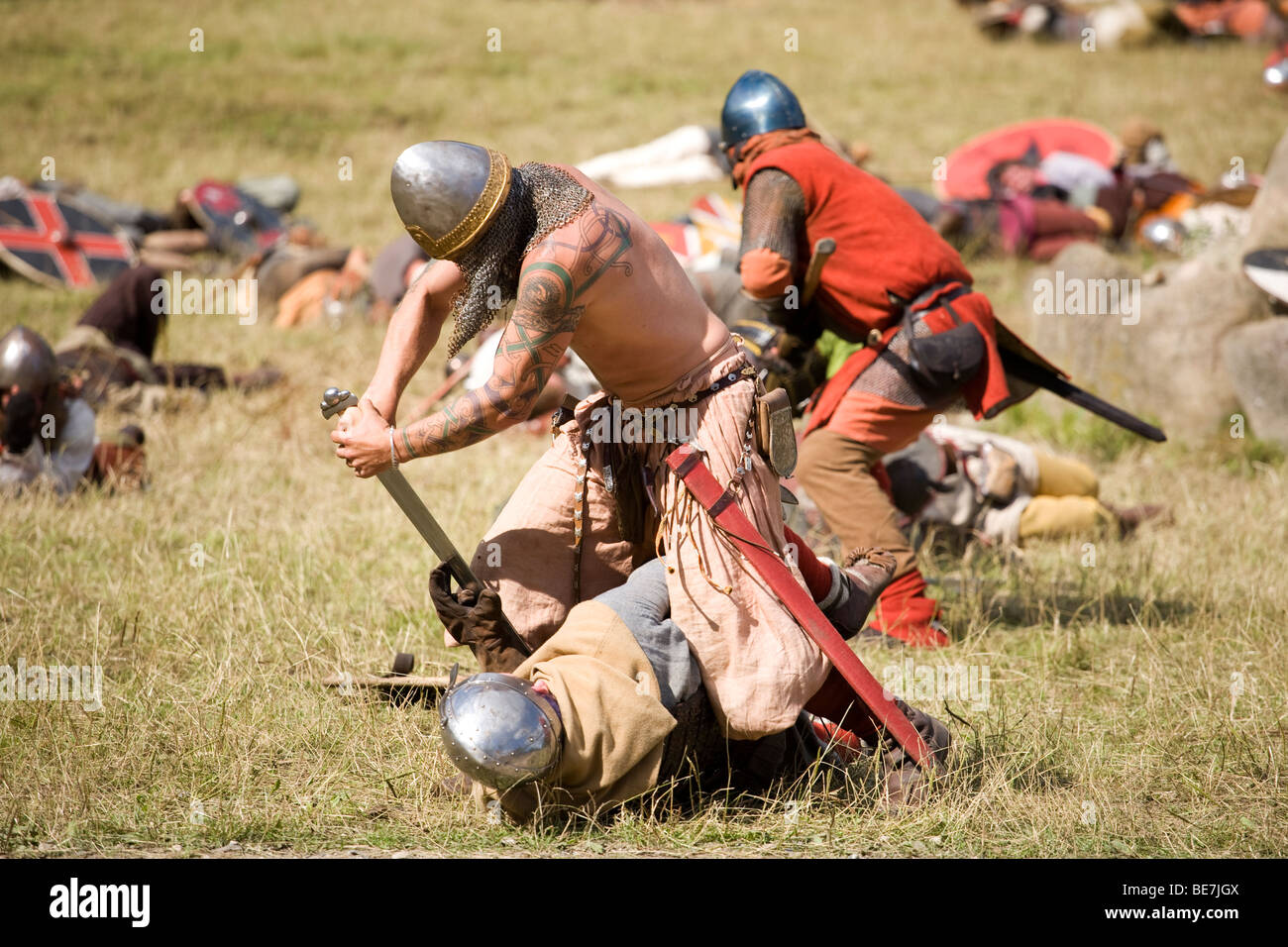 Viking warriors doing battle at a viking reenactment festival in