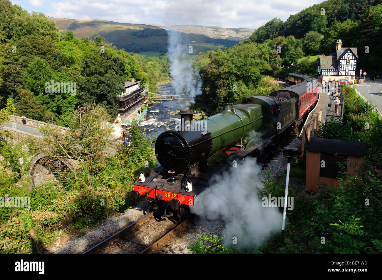 A GWR Steam train on the restored Llangollen railway heritage tourist line at Berwyn station in the Dee valley North WalesUK Stock Photo