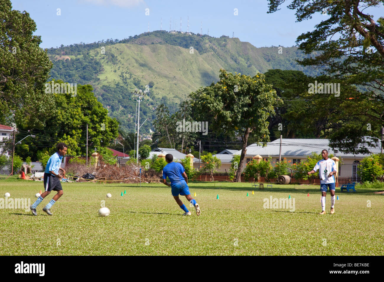 Football Practice in Queens Park Savannah in Port of Spain Trinidad Stock Photo