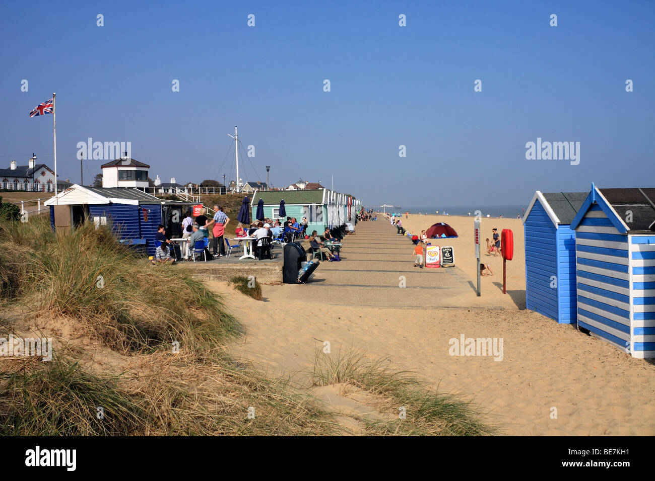 The promenade, cafe and beach huts, Southwold Suffolk England UK Stock Photo