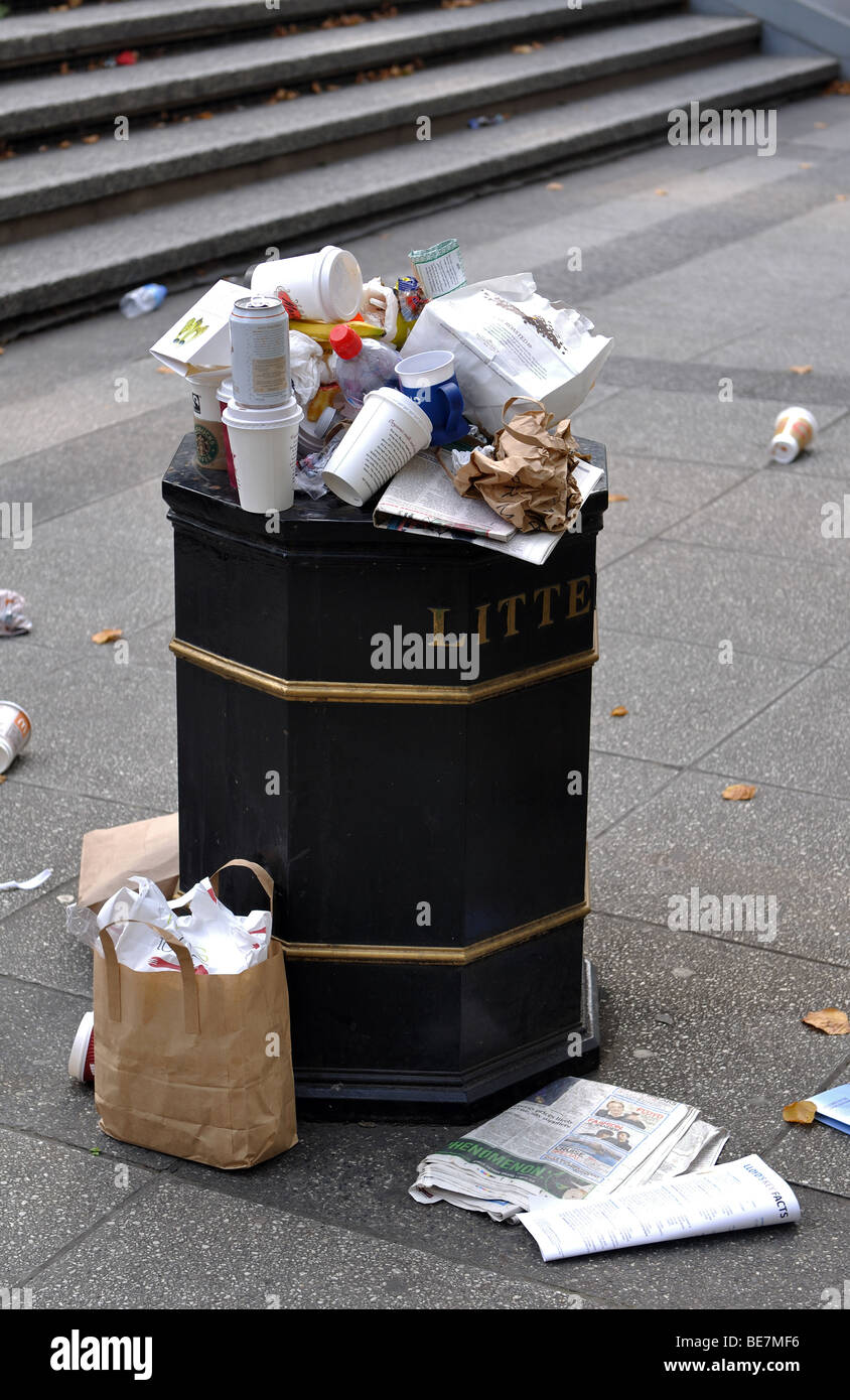 Overflowing litter bin London city centre, England, UK Stock Photo Alamy