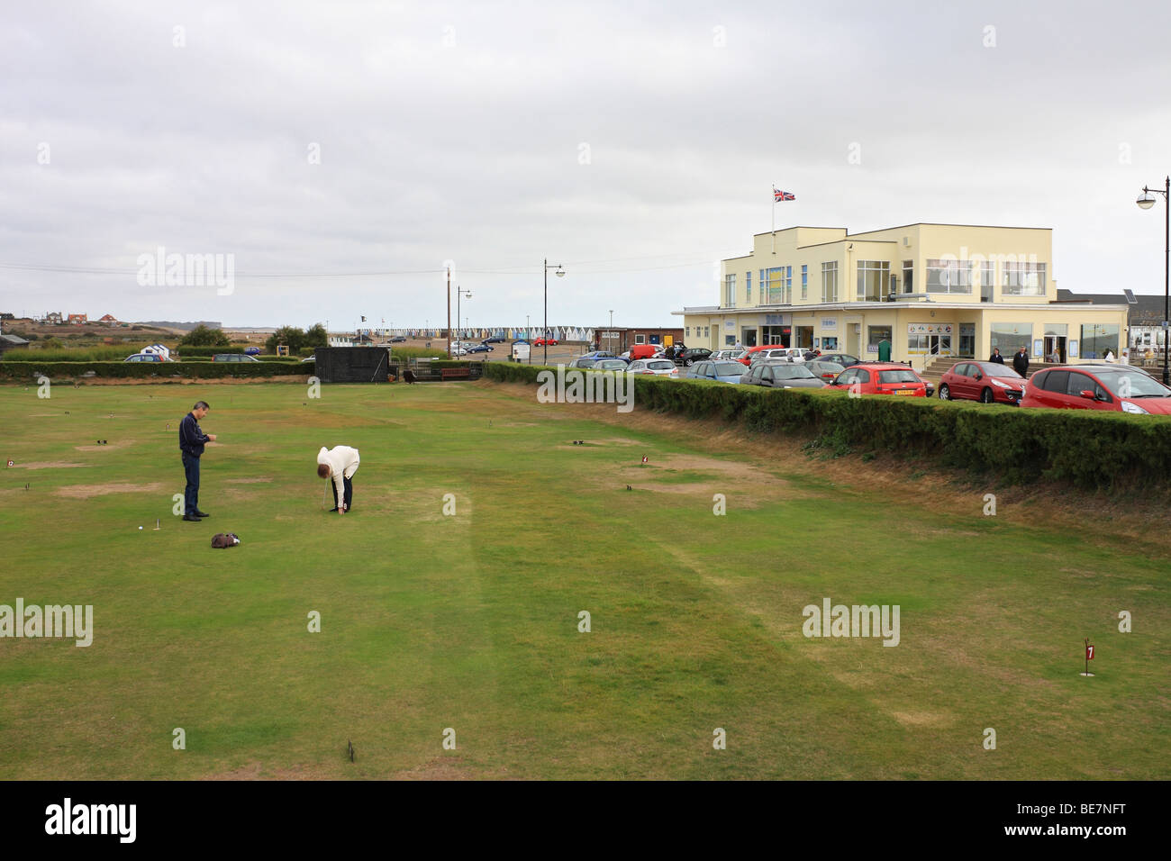 The putting green in front of the pier, Southwold, Suffolk, England, UK