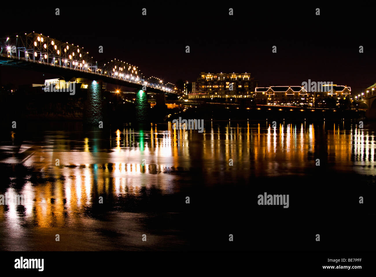 Chattanooga and Tennessee River scene at night. Stock Photo