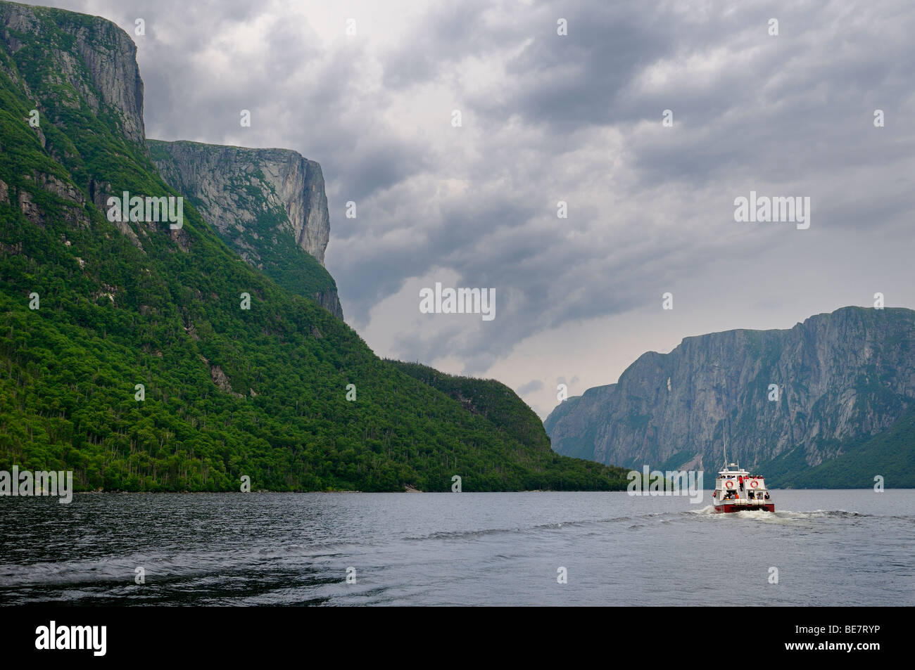 Steep cliffs of inland fjords at Western Brook Pond boat tour at Gros Morne National Park Newfoundland Stock Photo