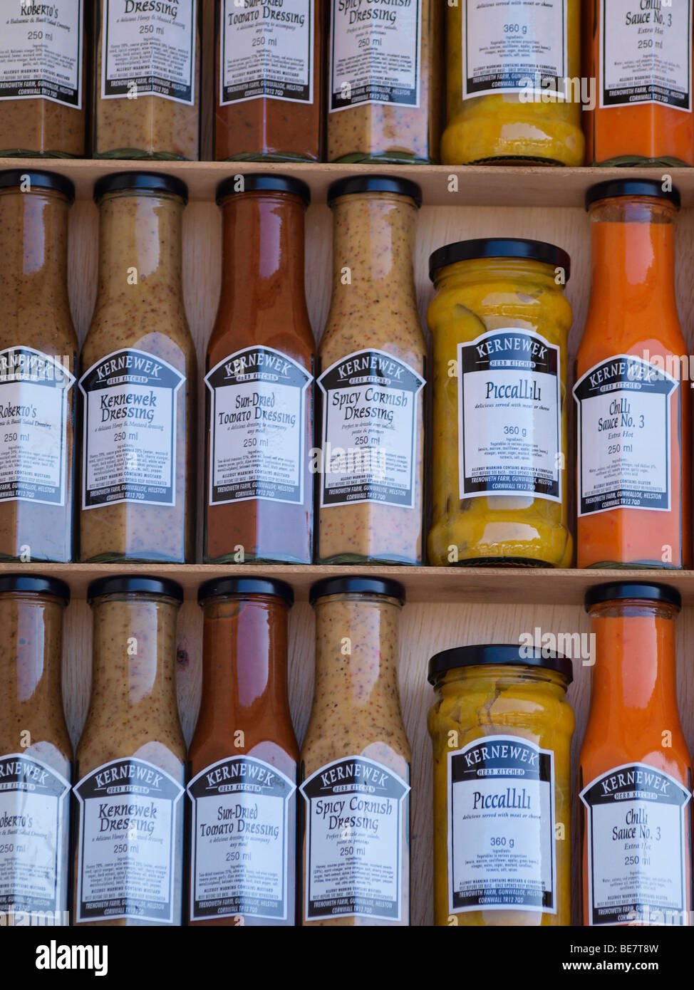 Dressings and sauces for sale at Bude farmers market, Cornwall. Stock Photo