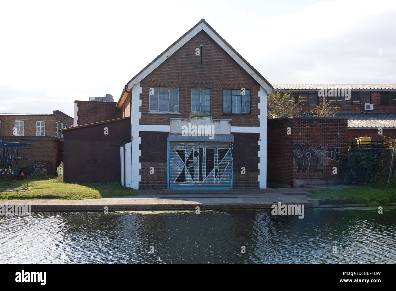 Boat house on the river Lee, Stratford London, England. Stock Photo