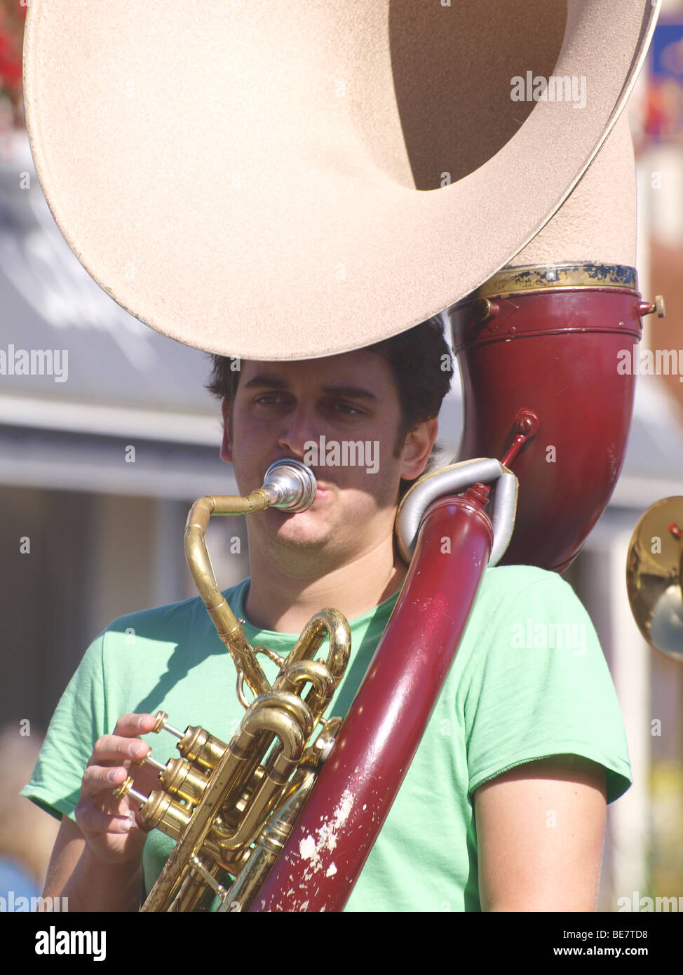 Jazz Tuba player busking. Stock Photo