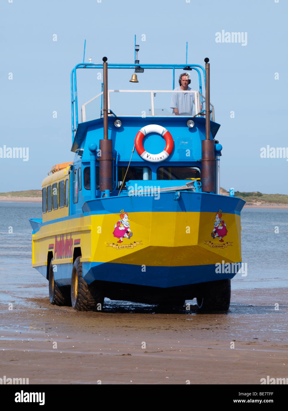 Devon Duck Tours, Instow - DUKW amphibious truck coming out of the water. Stock Photo