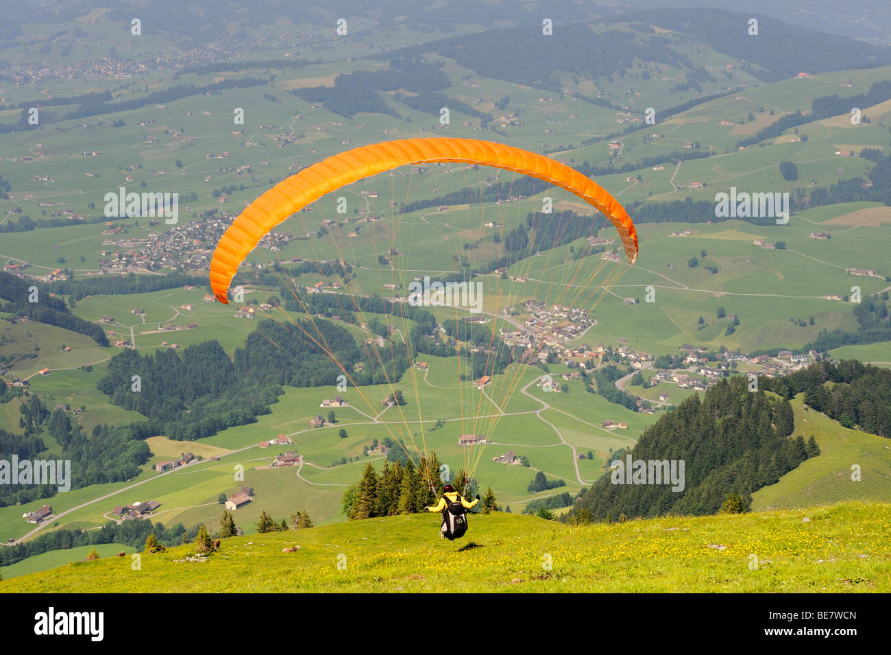 Paragliding or hang-gliding on Ebenalp Mountain, Canton of Appenzell Innerrhoden, Switzerland, Europe Stock Photo