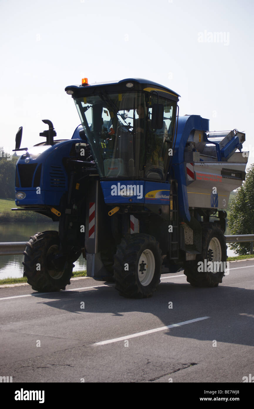 Grape harvesting machine on the Luxembourg Wine Road,  Luxembourg Moselle, Luxembourg Stock Photo