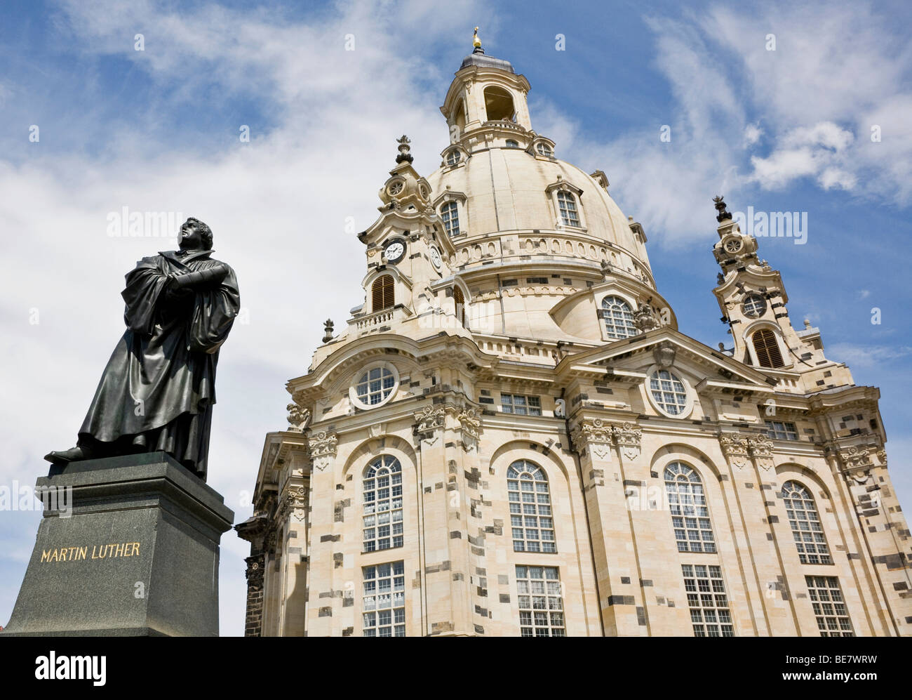 Martin Luther monument and Frauenkirche Church of Our Lady at the Neumarkt square, Dresden, Germany, Europe Stock Photo