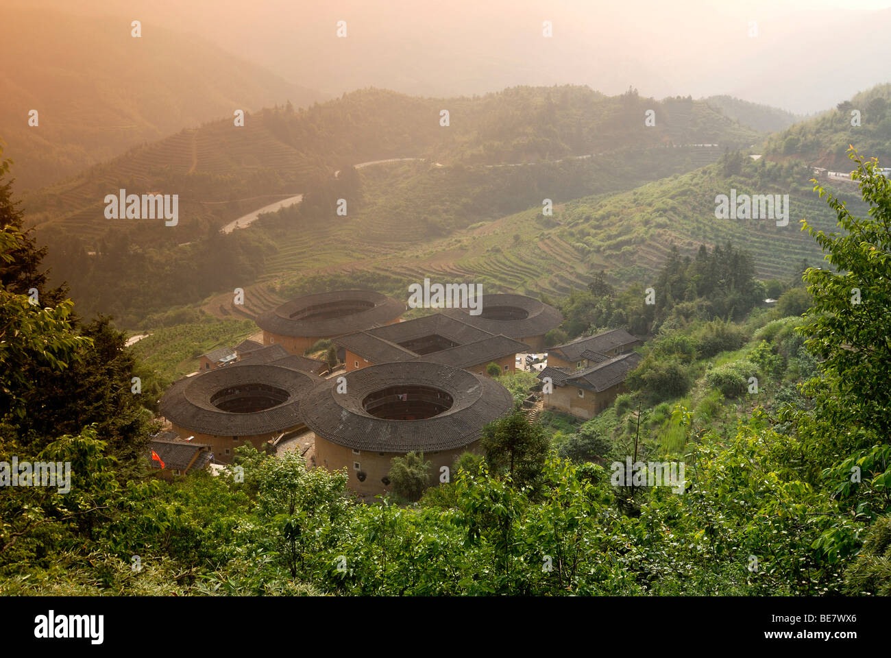 Round houses in Yongding and Hukeng, clay houses, Chinese: Talaou, of the Hakka, a Chinese minority, Fujian, China, Asia Stock Photo