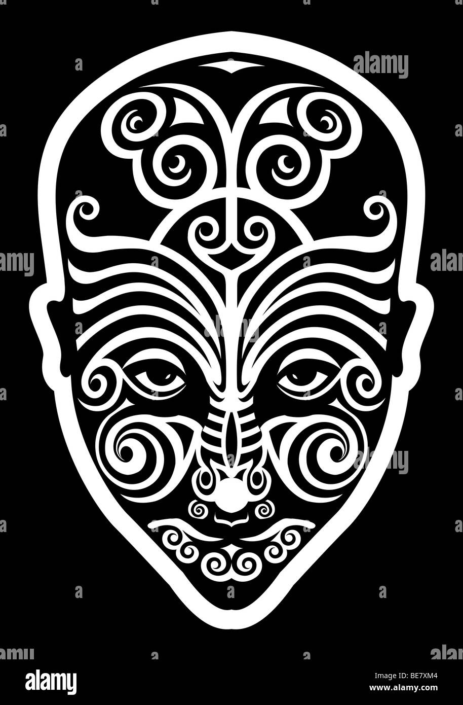 stylized traditional maori tribal face tattoo of indigenous people in new zealand Stock Photo